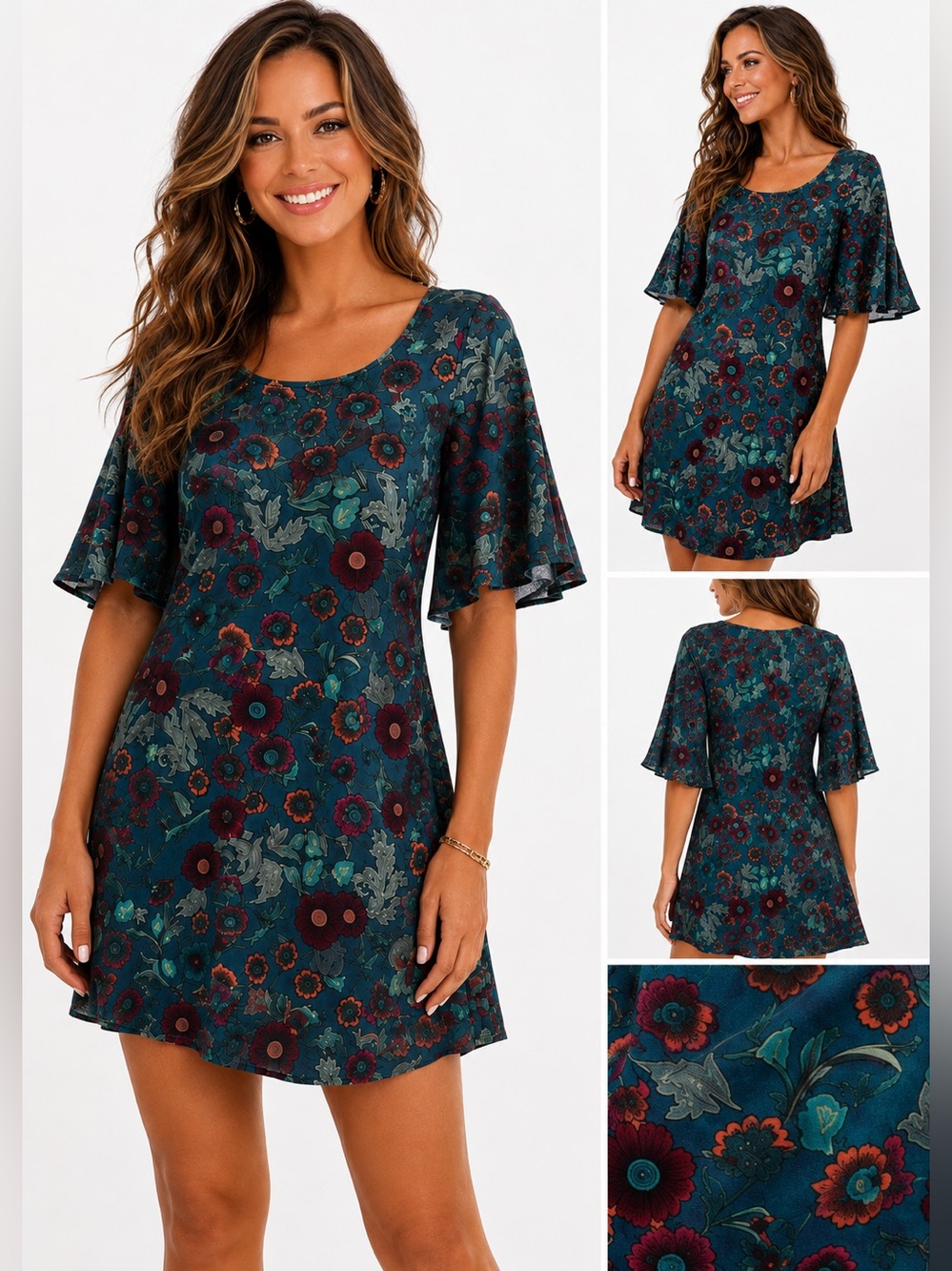 🤠❤️‍🔥 BEBOP Floral Flowy Sleeve Dress SIZE SMALL – Teal Boho Mini 🌺